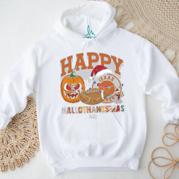 Custom Texas Longhorns HalloThanksMas Shirt, Festive Holiday Tee with Pumpkin Football Santa Hat, NCAA Gift for Halloween Thanksgiving Christmas