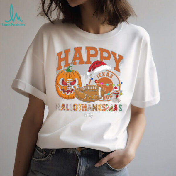 Custom Texas Longhorns HalloThanksMas Shirt, Festive Holiday Tee with Pumpkin Football Santa Hat, NCAA Gift for Halloween Thanksgiving Christmas