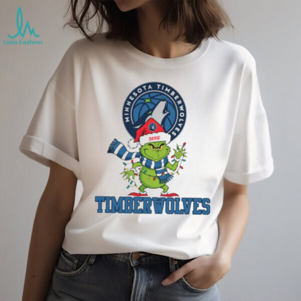 Custom Timberwolves Grinch Christmas Shirt, Funny Holiday Tee with Santa Hat Lights Scarf, NBA Basketball Fan Gift