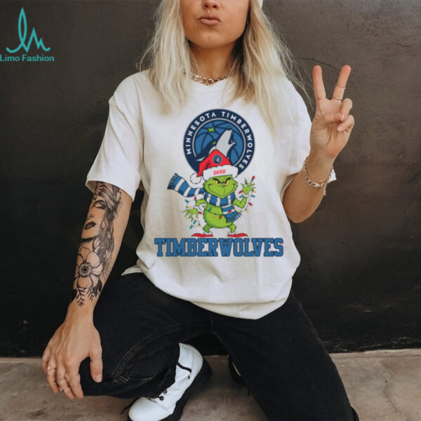 Custom Timberwolves Grinch Christmas Shirt, Funny Holiday Tee with Santa Hat Lights Scarf, NBA Basketball Fan Gift