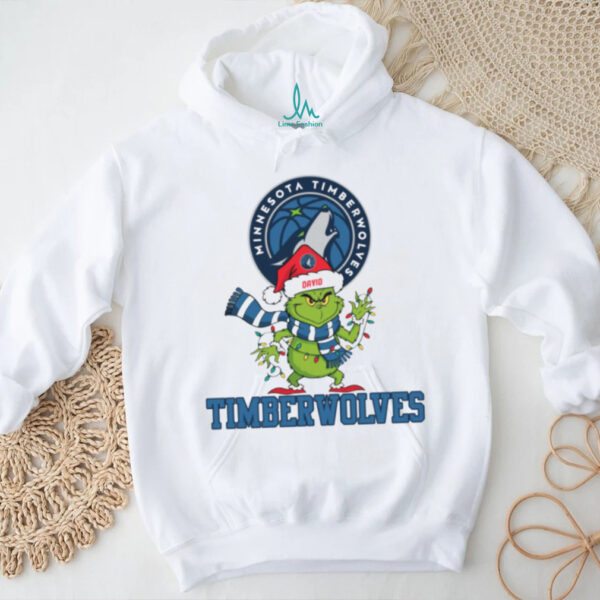 Custom Timberwolves Grinch Christmas Shirt, Funny Holiday Tee with Santa Hat Lights Scarf, NBA Basketball Fan Gift