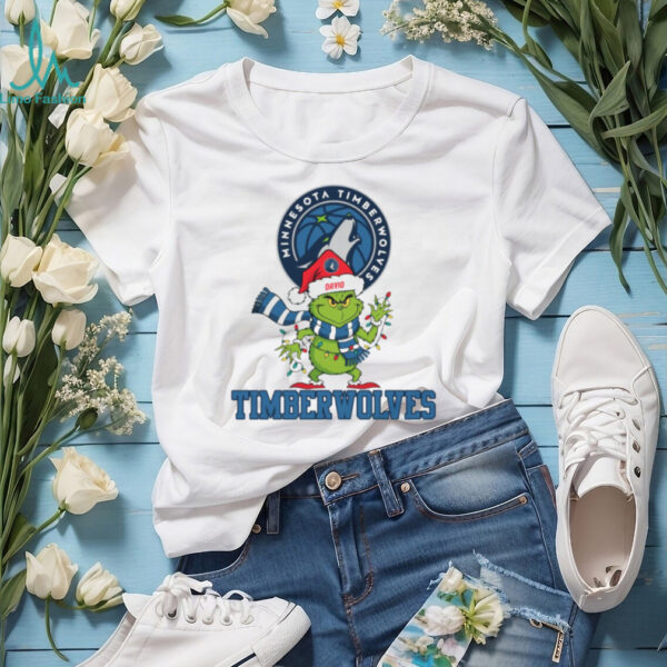 Custom Timberwolves Grinch Christmas Shirt, Funny Holiday Tee with Santa Hat Lights Scarf, NBA Basketball Fan Gift
