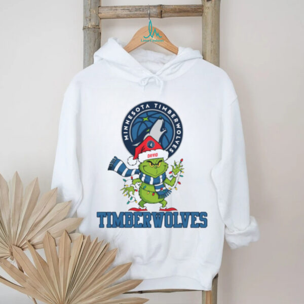 Custom Timberwolves Grinch Christmas Shirt, Funny Holiday Tee with Santa Hat Lights Scarf, NBA Basketball Fan Gift