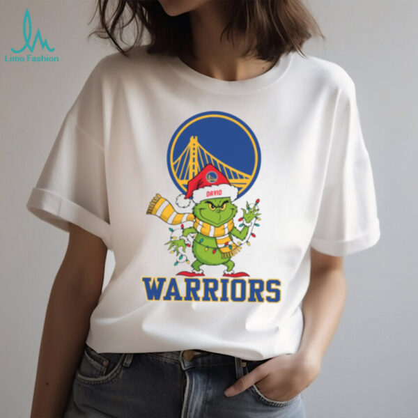 Custom Warriors Christmas Tee, Grinch Holiday Shirt with Santa Hat Lights Scarf, Funny NBA Basketball Fan Gift