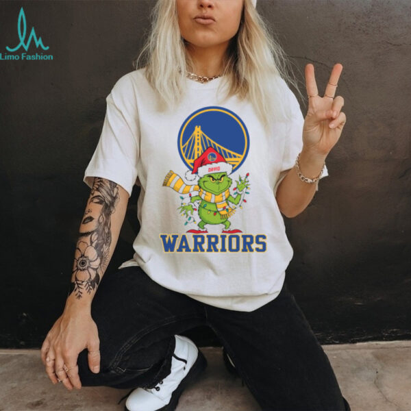 Custom Warriors Christmas Tee, Grinch Holiday Shirt with Santa Hat Lights Scarf, Funny NBA Basketball Fan Gift