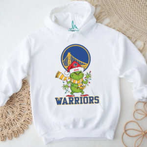Custom Warriors Christmas Tee, Grinch Holiday Shirt with Santa Hat Lights Scarf, Funny NBA Basketball Fan Gift