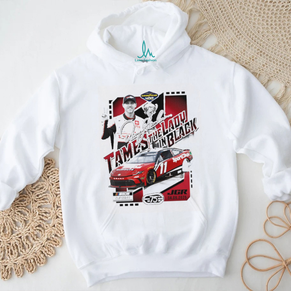 Denny Hamlin Tames the Lady in Black 2025 Goodyear 400 Race Winner graphic shirt Denny Hamlin Tames the Lady in Black 2025 Goodyear 400 Race Winner graphic shirt