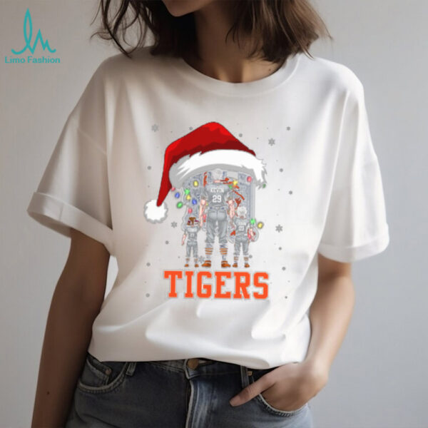 Detroit Tigers Custom Name Santa Christmas Lights Tee – Personalized MLB Family Shirt – Holiday Baseball Gift for Dad, Mom, Kids