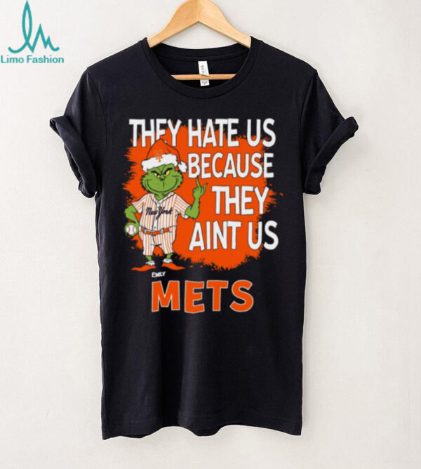 Personalized New York Mets Christmas Shirt, Grinch Santa Baseball Tee with Quote They Hate Us Ain’t Us, MLB Gift Idea