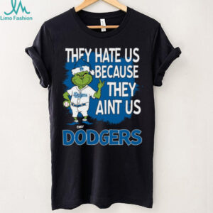 Personalized Los Angeles Dodgers Christmas Tee, Grinch Santa Baseball Shirt with Quote They Hate Us Ain’t Us, Funny MLB Gift