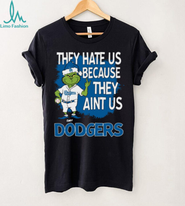 Personalized Los Angeles Dodgers Christmas Tee, Grinch Santa Baseball Shirt with Quote They Hate Us Ain’t Us, Funny MLB Gift
