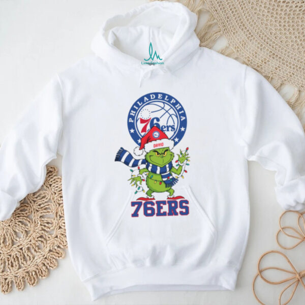 Funny Grinch Christmas Basketball Shirt, Personalized Philadelphia 76ers Tee with Santa Hat Lights Scarf, NBA Holiday Gift