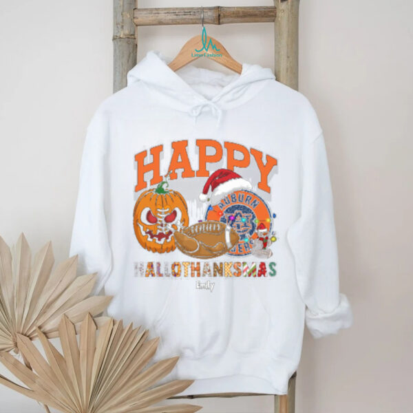 Funny HalloThanksMas Auburn Tigers Shirt, Personalized Holiday Tee with Pumpkin Football Santa Hat, NCAA Fan Gift for Halloween Thanksgiving Christmas