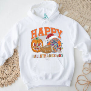 Funny HalloThanksMas Auburn Tigers Shirt, Personalized Holiday Tee with Pumpkin Football Santa Hat, NCAA Fan Gift for Halloween Thanksgiving Christmas