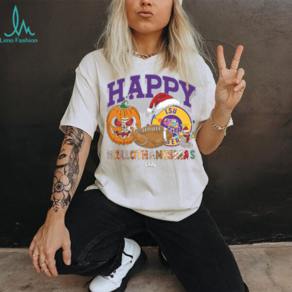 Funny HalloThanksMas LSU Tigers Shirt, Personalized Holiday Tee with Pumpkin Football Santa Hat, NCAA Gift for Halloween Thanksgiving Christmas