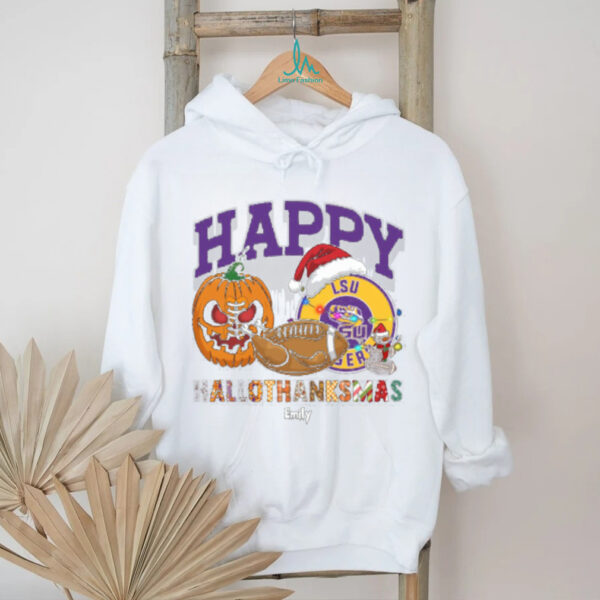 Funny HalloThanksMas LSU Tigers Shirt, Personalized Holiday Tee with Pumpkin Football Santa Hat, NCAA Gift for Halloween Thanksgiving Christmas