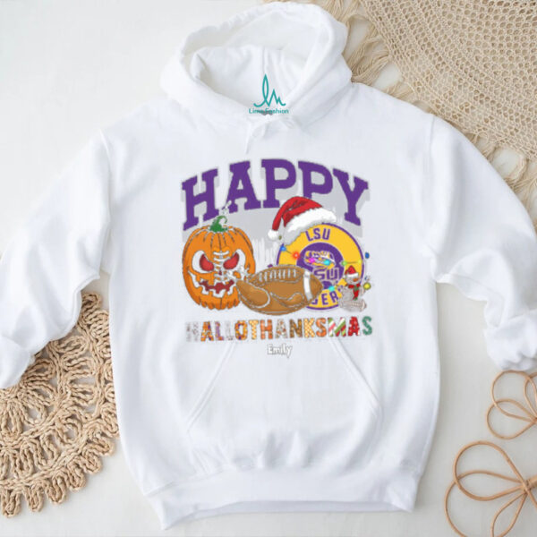 Funny HalloThanksMas LSU Tigers Shirt, Personalized Holiday Tee with Pumpkin Football Santa Hat, NCAA Gift for Halloween Thanksgiving Christmas