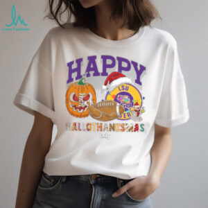 Funny HalloThanksMas LSU Tigers Shirt, Personalized Holiday Tee with Pumpkin Football Santa Hat, NCAA Gift for Halloween Thanksgiving Christmas