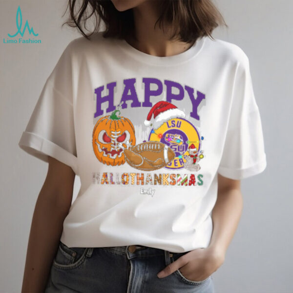 Funny HalloThanksMas LSU Tigers Shirt, Personalized Holiday Tee with Pumpkin Football Santa Hat, NCAA Gift for Halloween Thanksgiving Christmas