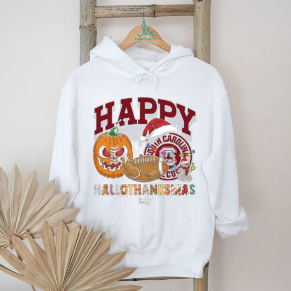 Funny HalloThanksMas South Carolina Gamecocks Shirt, Personalized Holiday Tee with Pumpkin Football Santa Hat, NCAA Fan Gift for Halloween Thanksgiving Christmas