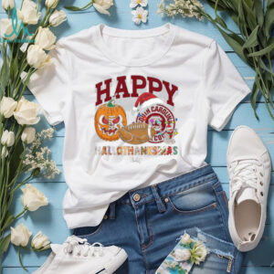 Funny HalloThanksMas South Carolina Gamecocks Shirt, Personalized Holiday Tee with Pumpkin Football Santa Hat, NCAA Fan Gift for Halloween Thanksgiving Christmas