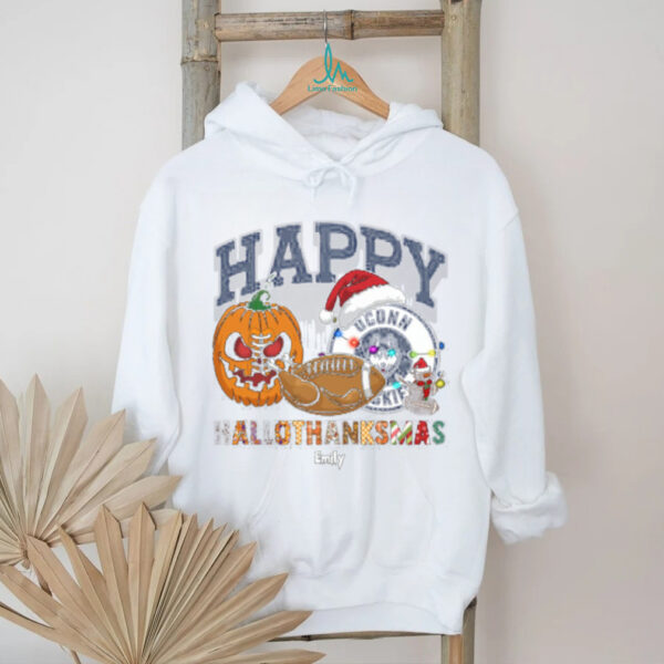 Funny HalloThanksMas UConn Huskies Shirt, Personalized Holiday Tee with Pumpkin Football Santa Hat, NCAA Fan Gift for Halloween Thanksgiving Christmas