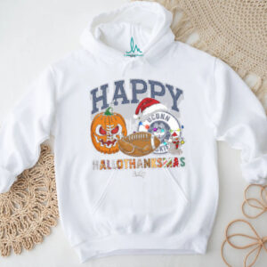 Funny HalloThanksMas UConn Huskies Shirt, Personalized Holiday Tee with Pumpkin Football Santa Hat, NCAA Fan Gift for Halloween Thanksgiving Christmas