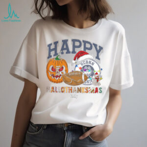 Funny HalloThanksMas UConn Huskies Shirt, Personalized Holiday Tee with Pumpkin Football Santa Hat, NCAA Fan Gift for Halloween Thanksgiving Christmas