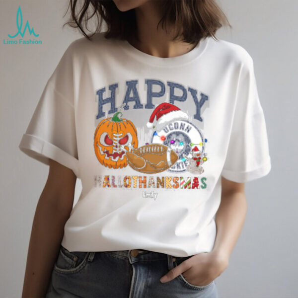 Funny HalloThanksMas UConn Huskies Shirt, Personalized Holiday Tee with Pumpkin Football Santa Hat, NCAA Fan Gift for Halloween Thanksgiving Christmas