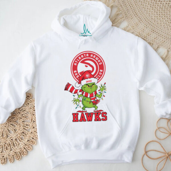 Funny NBA Holiday Gift Tee, Personalized Atlanta Hawks Christmas Shirt with Grinch Santa Hat Lights Scarf