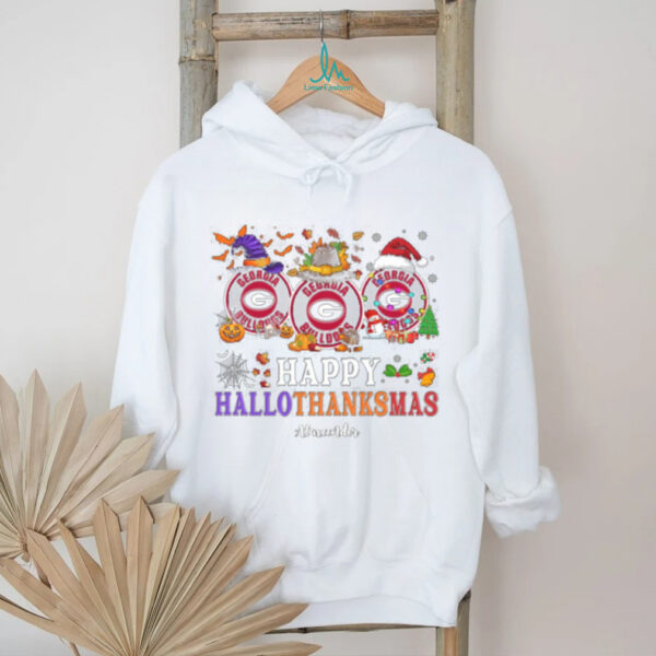 Georgia Bulldogs Football Happy Hallothanksmas Shirt – Custom Name NCAA Holiday Tee, Ugly Christmas Party Outfit for Fans