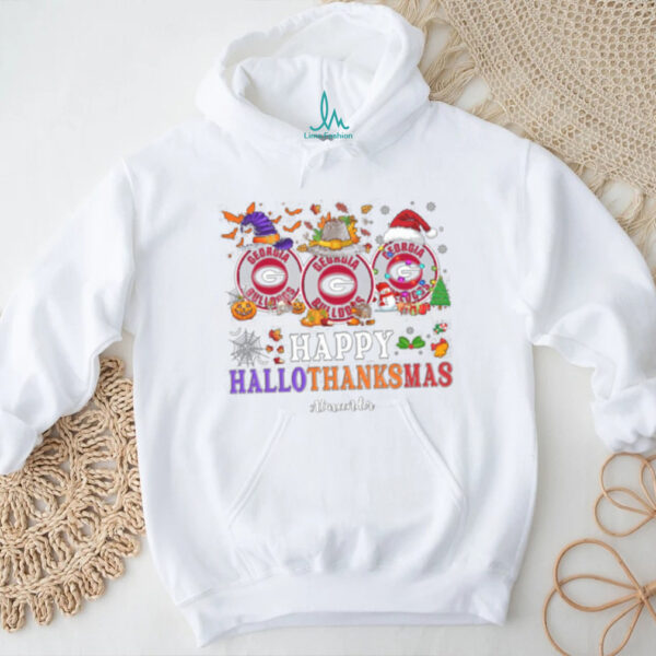 Georgia Bulldogs Football Happy Hallothanksmas Shirt – Custom Name NCAA Holiday Tee, Ugly Christmas Party Outfit for Fans