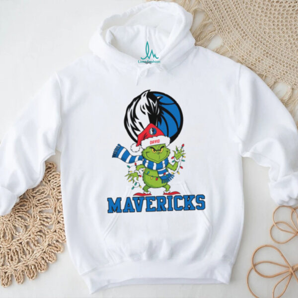 Grinch Santa Hat Christmas Tee, Personalized Dallas Mavericks Holiday Shirt with Lights Scarf, Funny NBA Fan Gift
