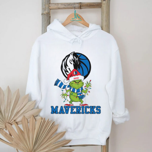 Grinch Santa Hat Christmas Tee, Personalized Dallas Mavericks Holiday Shirt with Lights Scarf, Funny NBA Fan Gift