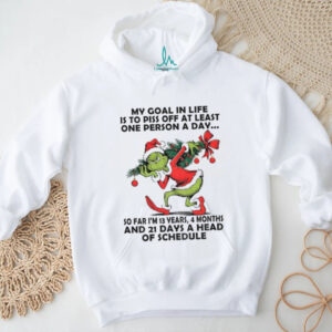 Grinch my goal in life is to piss off at least one person a day so far I’m 13 years 4 months and 21 days Christmas shirt