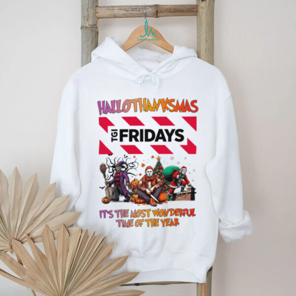 Halloween Thanksgiving Christmas Shirt Horror Movies X TGI Fridays Hallothanksmas Tee