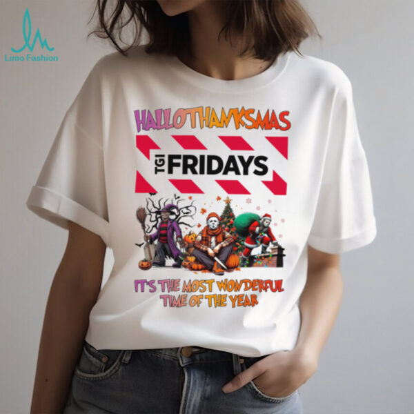 Halloween Thanksgiving Christmas Shirt Horror Movies X TGI Fridays Hallothanksmas Tee