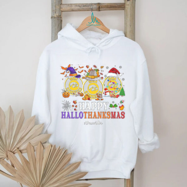 Iowa Hawkeyes Happy Hallothanksmas NCAA Football Shirt – Custom Name Holiday Gift Tee, Ugly Christmas Party Outfit for Families
