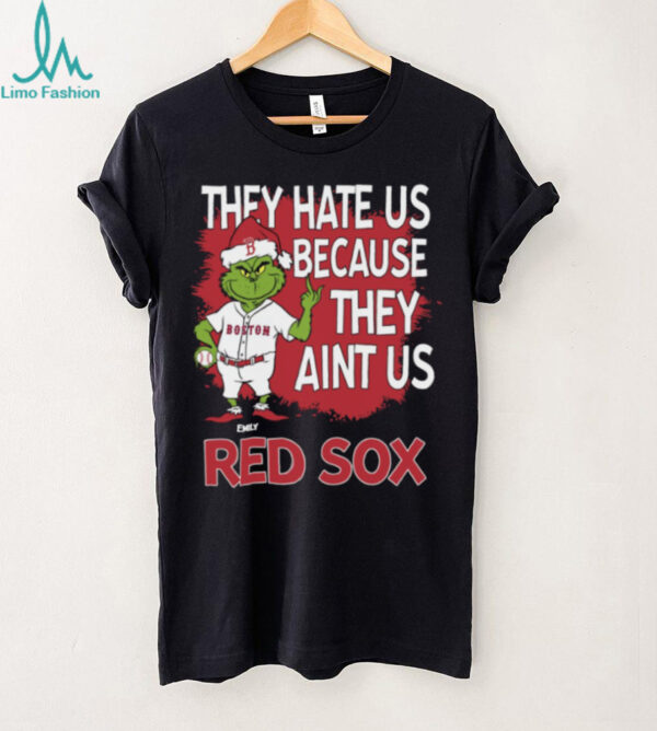 Personalized Boston Red Sox Grinch Christmas Tee, Funny Santa Baseball Shirt with Quote They Hate Us Ain’t Us, MLB Gift