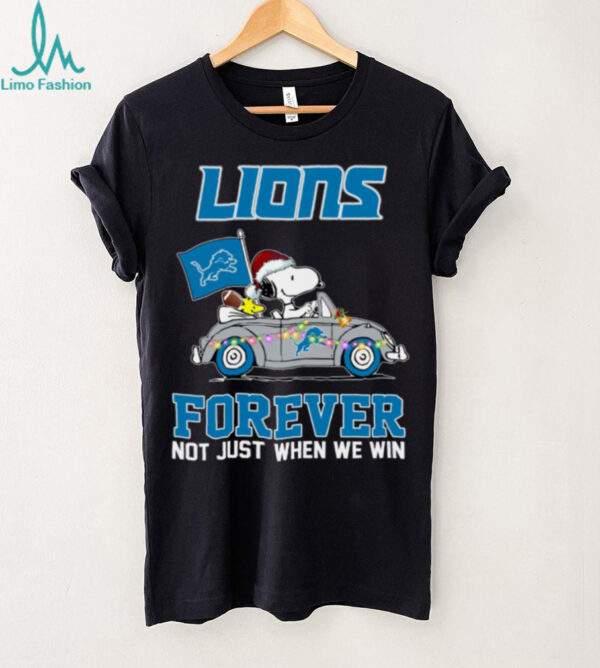 Lions Football Snoopy Driving Car Forever Not Just When We Win Merry Christmas Light Shirt
