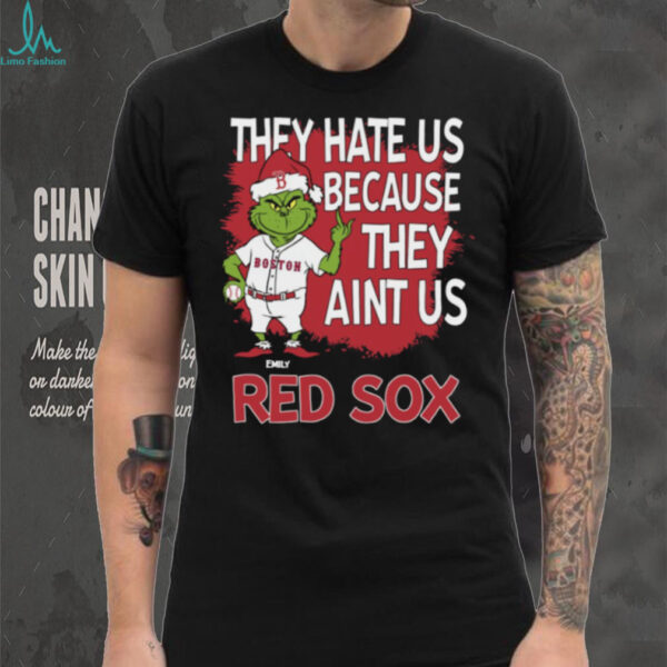 Personalized Boston Red Sox Grinch Christmas Tee, Funny Santa Baseball Shirt with Quote They Hate Us Ain’t Us, MLB Gift