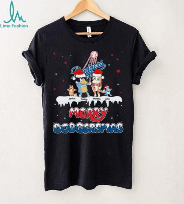 Los Angeles Dodgers Bluey Family Christmas Shirt – MLB Fan Tee – Personalized Holiday Gift Baseball Outfit with Custom Name