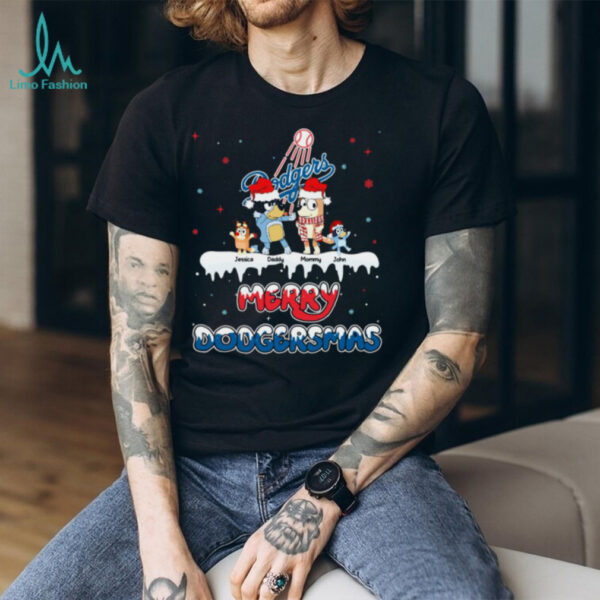 Los Angeles Dodgers Bluey Family Christmas Shirt – MLB Fan Tee – Personalized Holiday Gift Baseball Outfit with Custom Name