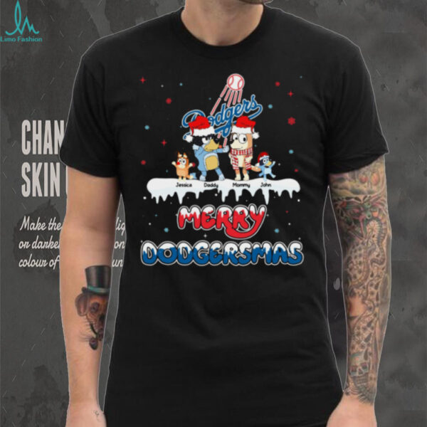 Los Angeles Dodgers Bluey Family Christmas Shirt – MLB Fan Tee – Personalized Holiday Gift Baseball Outfit with Custom Name