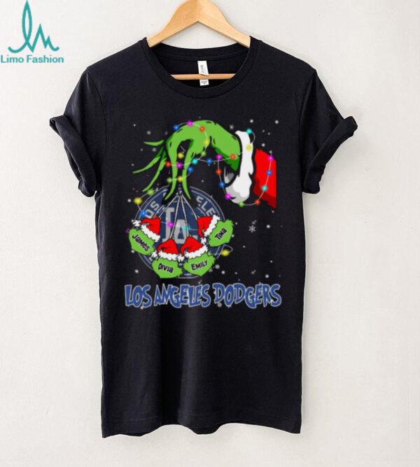 Los Angeles Dodgers Grinch Christmas Lights T Shirt – Personalized MLB Fan Tee with Custom Baseball Gift