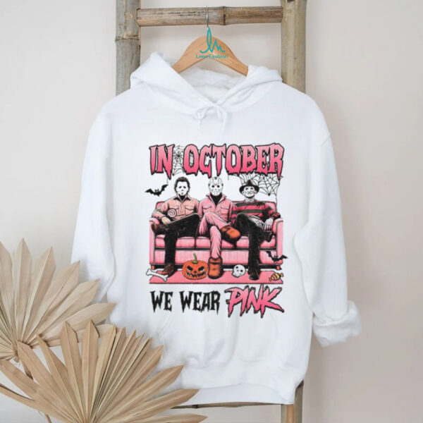 Michael Myers Jason Voorhees Freddy Krueger spooky season in October we wear pink Halloween shirt