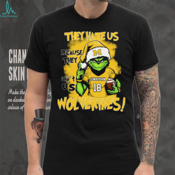 Michigan Wolverines Custom Name Grinch Holiday Tee – NCAA Football Christmas Shirt – “They Hate Us Because They Ain’t Us” Gift for Fans