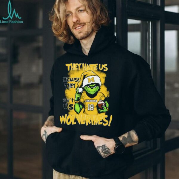 Michigan Wolverines Custom Name Grinch Holiday Tee – NCAA Football Christmas Shirt – “They Hate Us Because They Ain’t Us” Gift for Fans