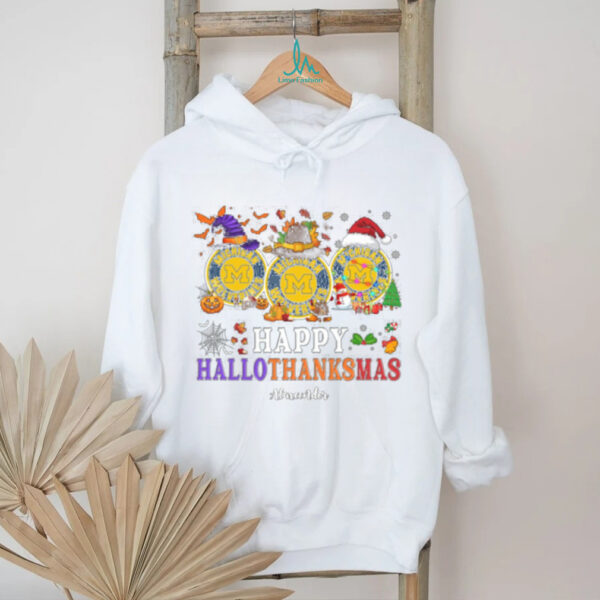 Michigan Wolverines Happy Hallothanksmas Football Tee – Custom Name NCAA Holiday Shirt, Ugly Christmas Party Outfit, Gift Idea