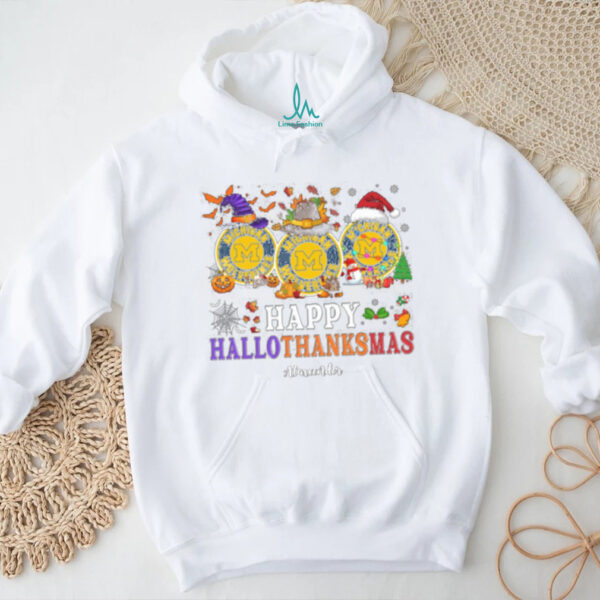 Michigan Wolverines Happy Hallothanksmas Football Tee – Custom Name NCAA Holiday Shirt, Ugly Christmas Party Outfit, Gift Idea